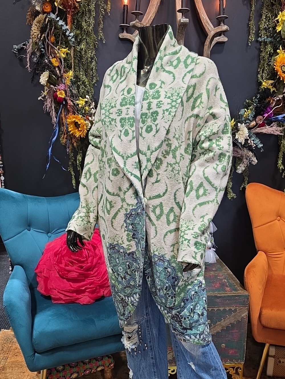 MOTH 100% Wool Green & White Patterned Jacket/ Heavy Long Cardigan